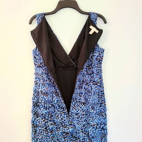 London Times Blue & Tan Sheer Ruffled Skirt V-Neck Sleeveless Midi Dress Size 10 - Picture 6 of 7